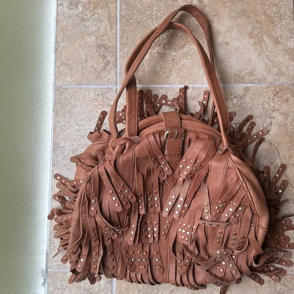 Lucky Penny Anthropologie Sunlit Fringe Soft Leather & Studs Hobo Bag Festival - Picture 4 of 16